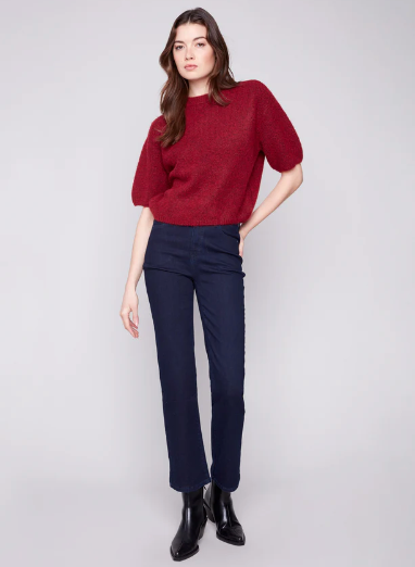 Balloon Elbow Sleeve Knit Sweater - Cabernet