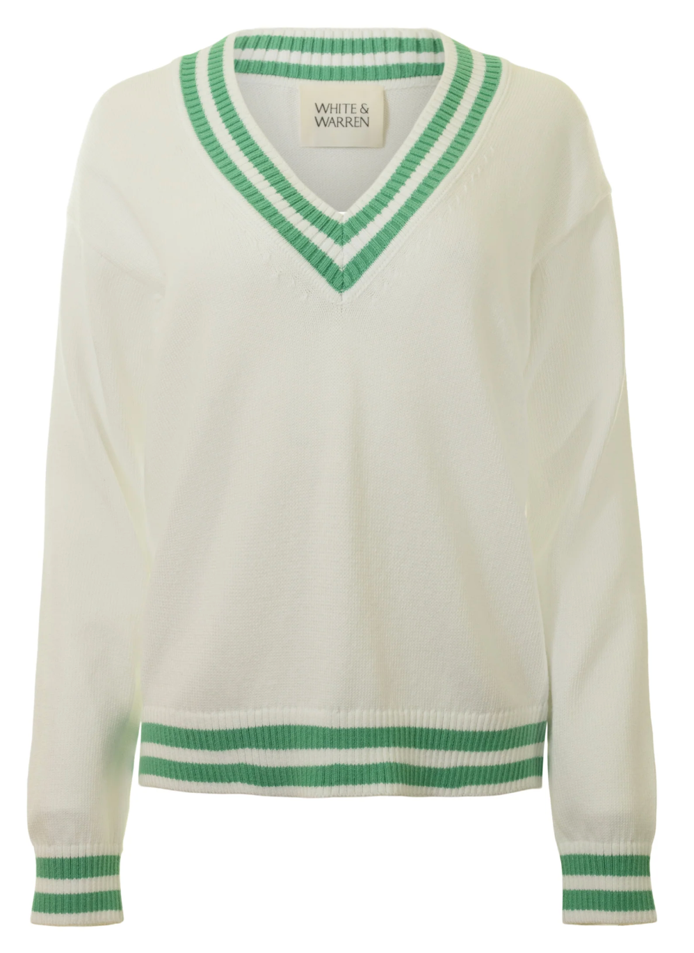 White & Warren Varsity Cotton V-neck in Ivory Retro Green Sale price