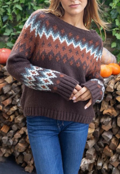 Jaxon Fair Isle Raglan Chunky-Brown Brick Multi Sweater