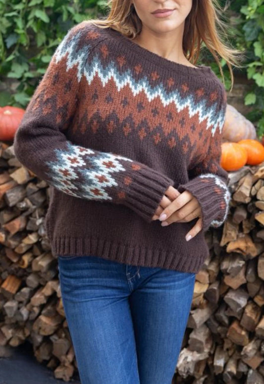 Jaxon Fair Isle Raglan Chunky-Brown Brick Multi Sweater