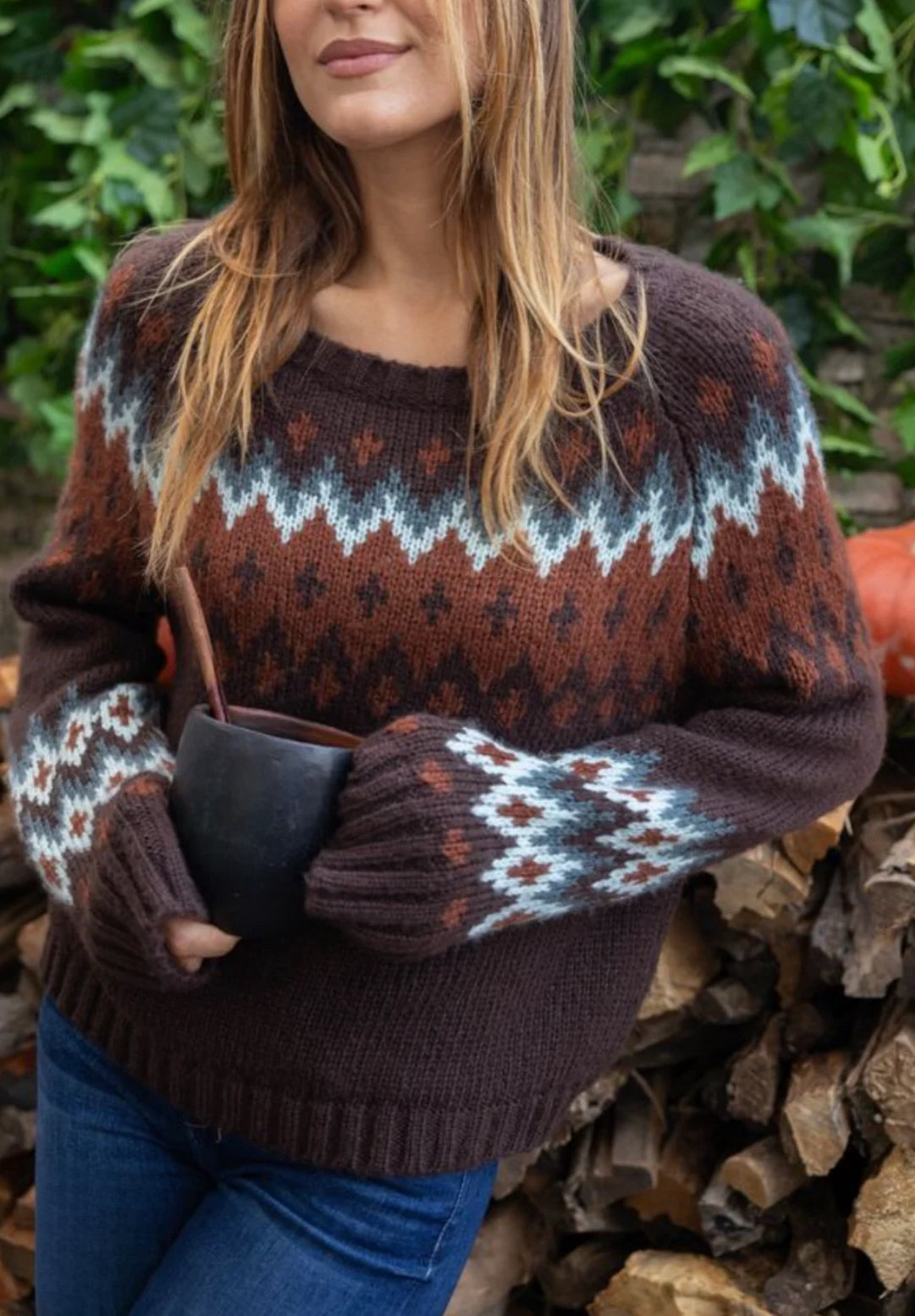 Jaxon Fair Isle Raglan Chunky-Brown Brick Multi Sweater