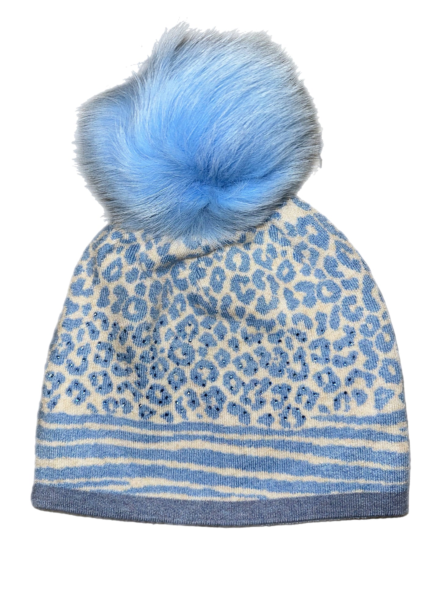 Knitted Leopard Hat with Pom Pom - Light Blue