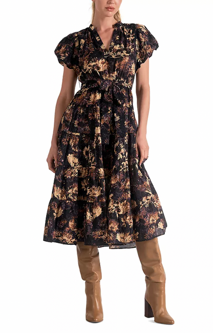 Printed Bubble Sleeve Midi Dress - Black Tuscany