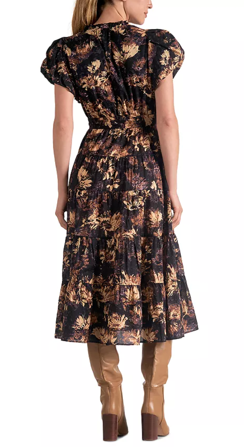 Printed Bubble Sleeve Midi Dress - Black Tuscany