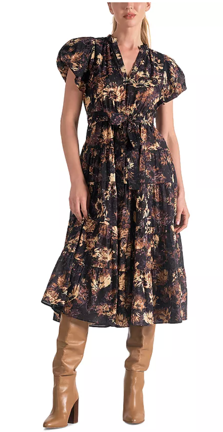 Printed Bubble Sleeve Midi Dress - Black Tuscany