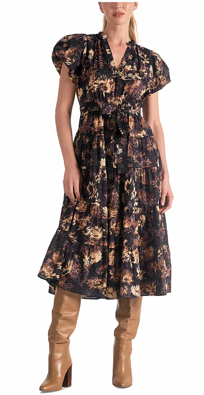 Printed Bubble Sleeve Midi Dress - Black Tuscany