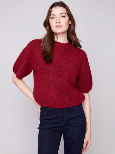 Balloon Elbow Sleeve Knit Sweater - Cabernet