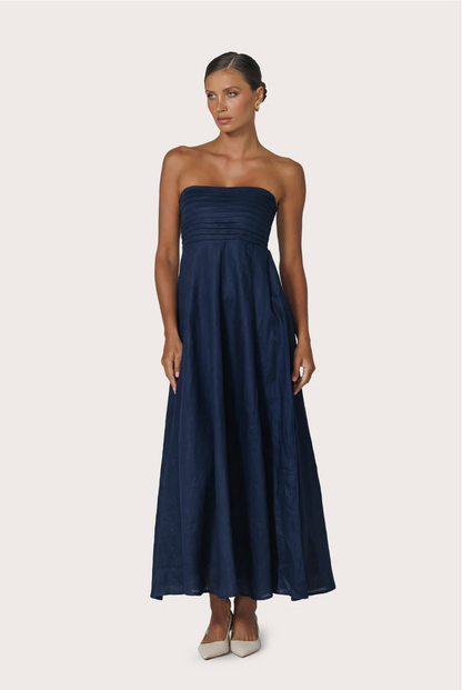 Talia Pintuck Linen Maxi Dress in Navy