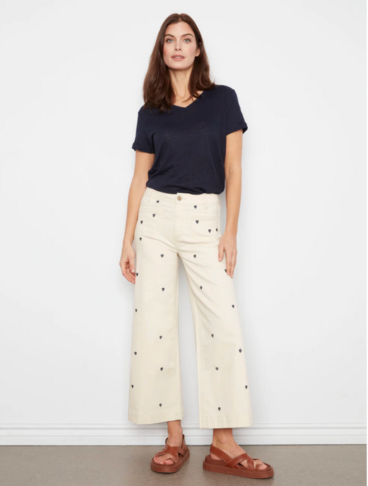 Embroidered Cropped Patch Pocket Flare Twill Pants