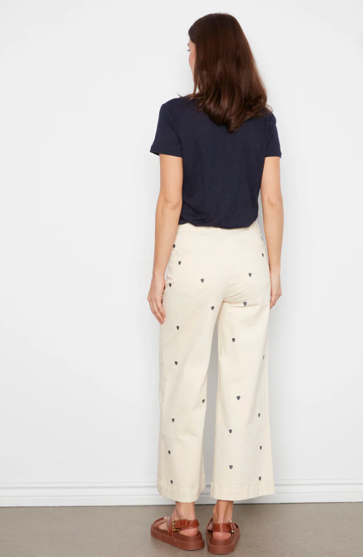 Embroidered Cropped Patch Pocket Flare Twill Pants