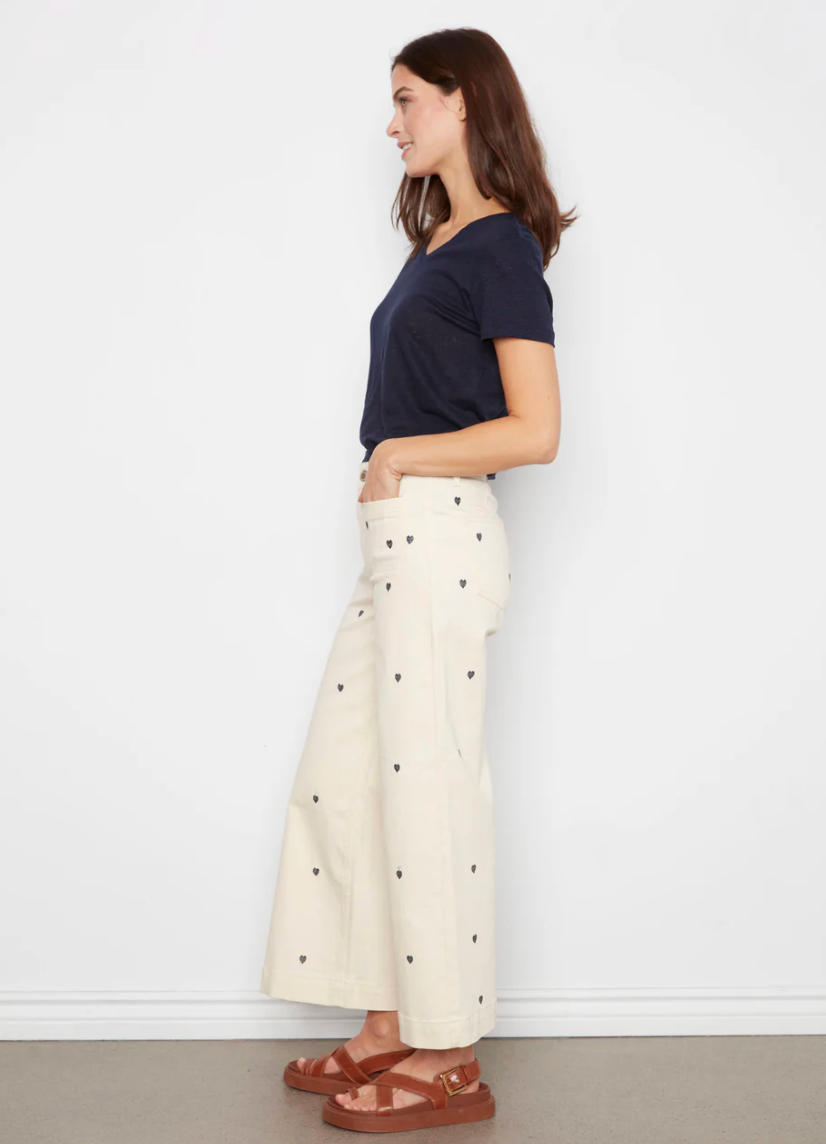 Embroidered Cropped Patch Pocket Flare Twill Pants