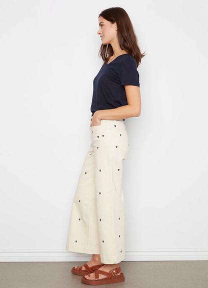 Embroidered Cropped Patch Pocket Flare Twill Pants
