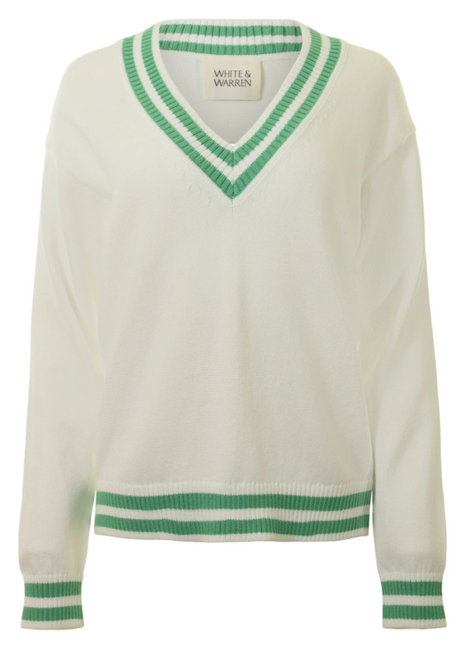 White & Warren Varsity Cotton V-neck in Ivory Retro Green Sale price