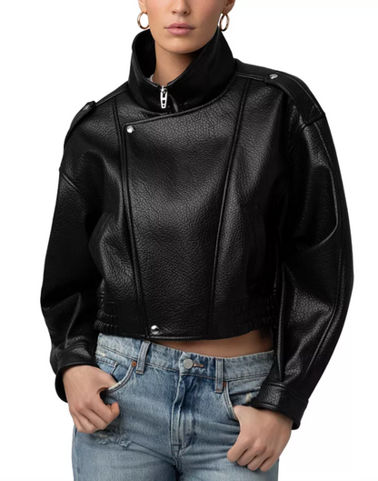 Faux Leather Funnel Collar Bomber Jacket