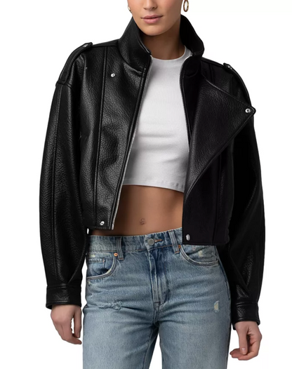 Faux Leather Funnel Collar Bomber Jacket